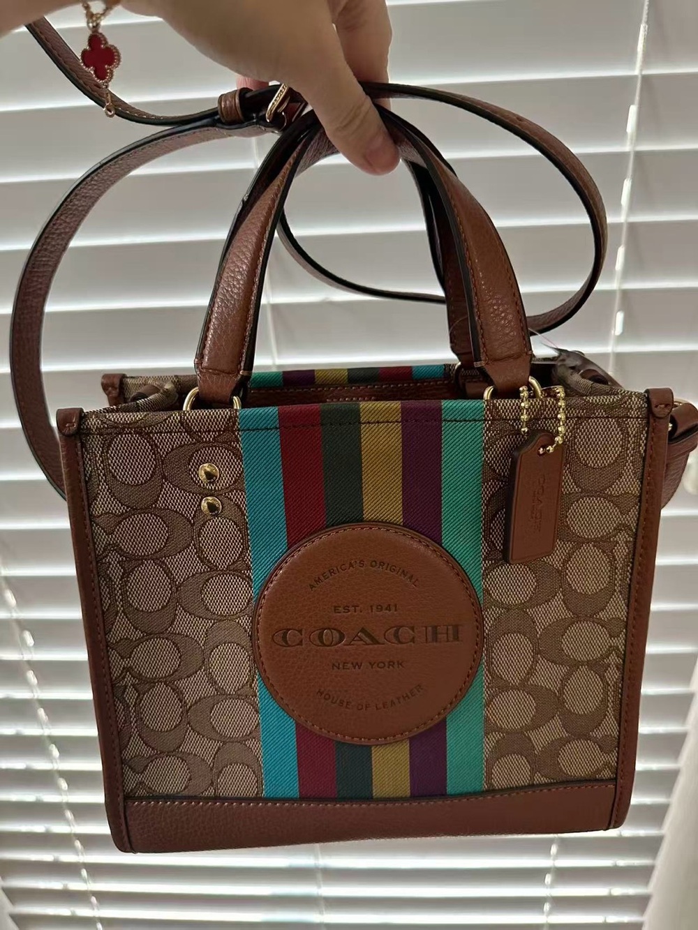 COACH Dempsey 22  Signature Canvas Stripe Tote - Brown with Multicolor Stripes